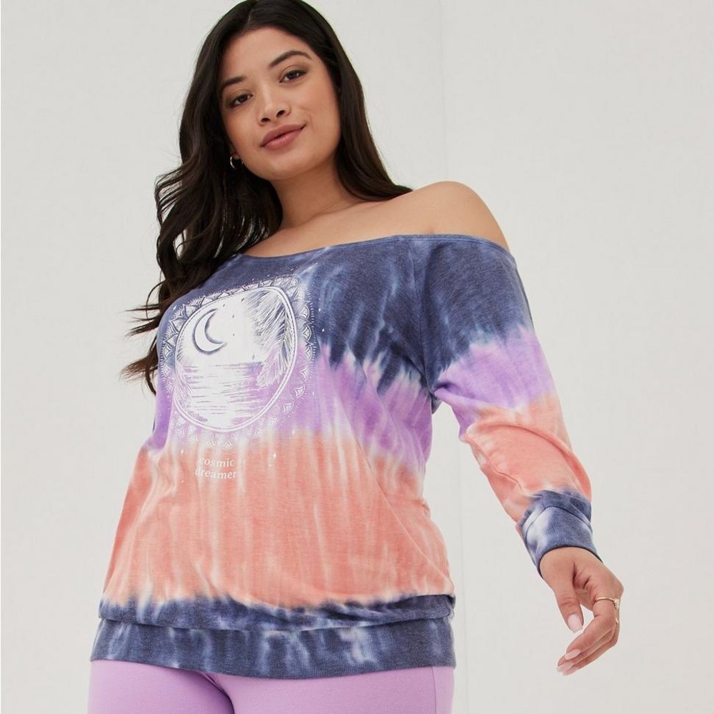 Torrid Off Shoulder French Terry Tie Die Lightweight Sweatshirt Cosmic Dreamer
